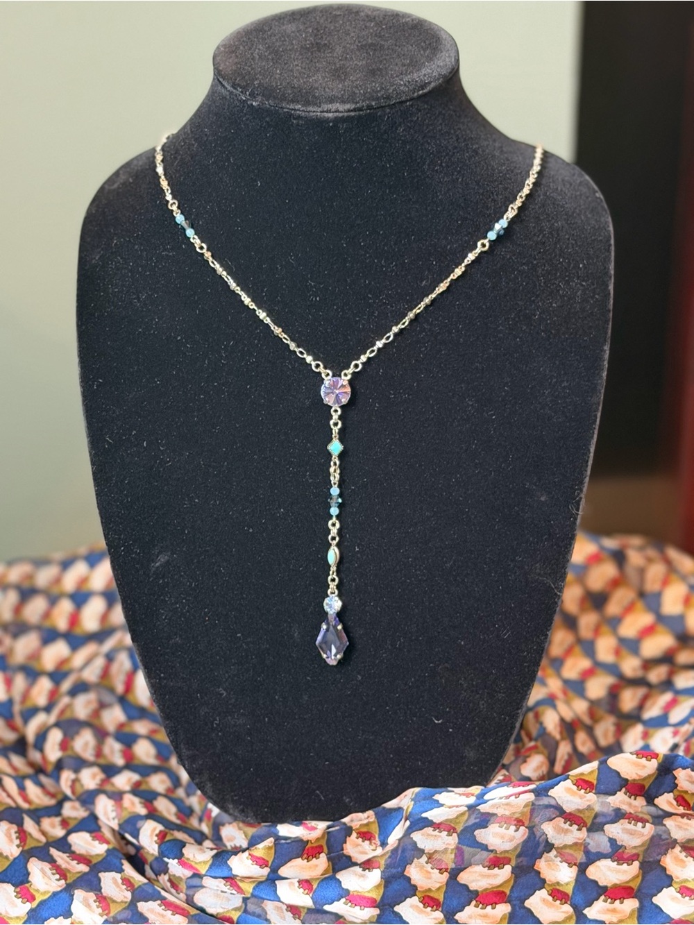 Sorrelli Tanzanite Crystal Y Necklace Lariat Drop Silver Tone Turquoise Accent
